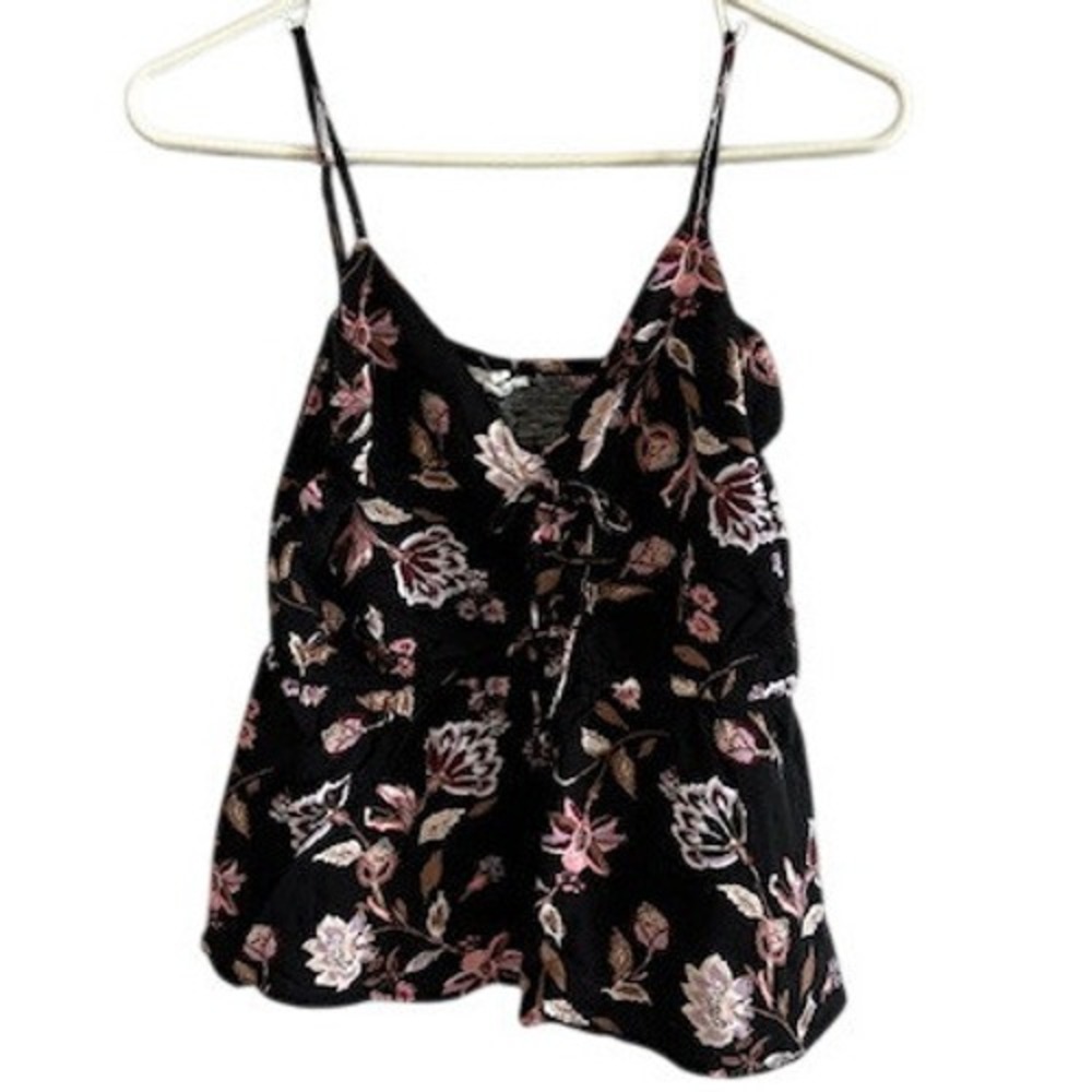 Womens Floral Cami Tank Top Black Pink Spaghetti Strap V-Neck Tie Front Peplum